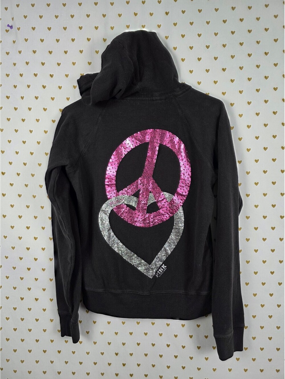 Victorias Secret Pink Vintage Y2k PEACE Love Full ZIp Hoodie Jacket Black Medium